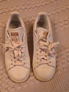 adidas White Leather Stan Smith Sneakers with Brown Tongue Logo